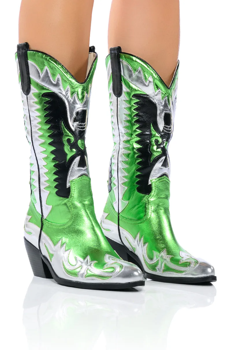 AZALEA WANG WAY METALLIC BOOT IN GREEN sold by AKIRA