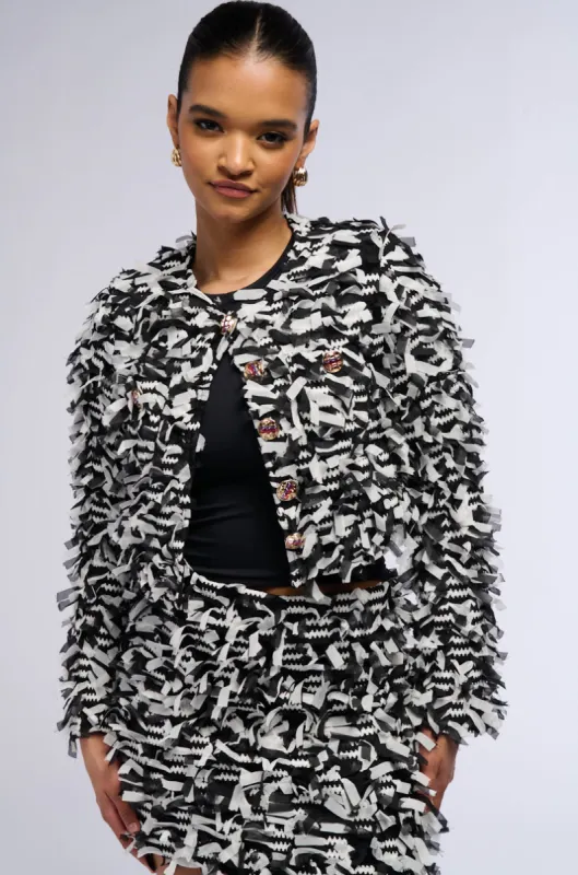 HERE WITH ME FRINGE BLAZER JACKET IN BLACK AND WHITE sold by AKIRA