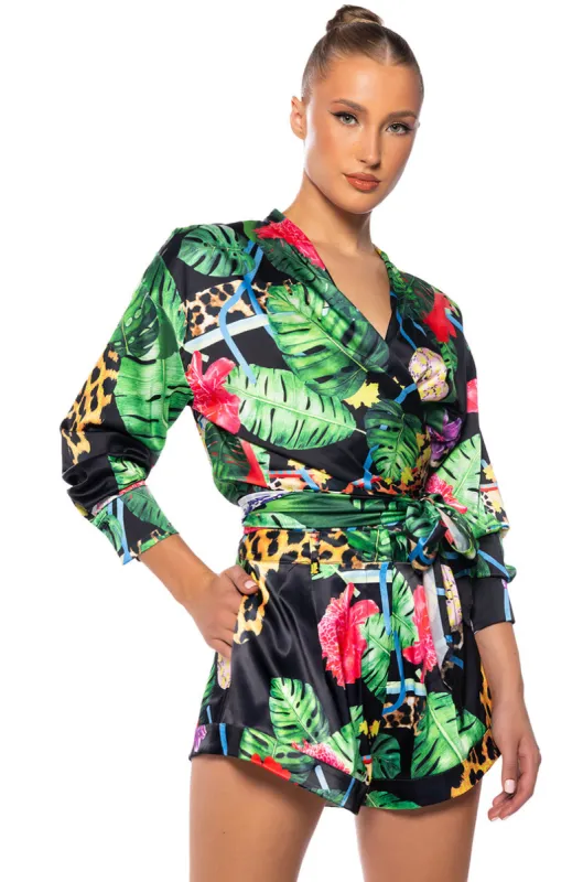 TROPICAL MOOD LONG SLEEVE SATIN TIE BLOUSE sold by AKIRA