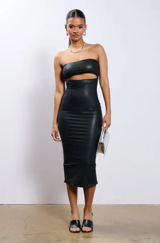 PRETTY LADY PLEATHER CUT OUT MIDI DRESS WITH 4 WAY STRETCH sold by AKIRA