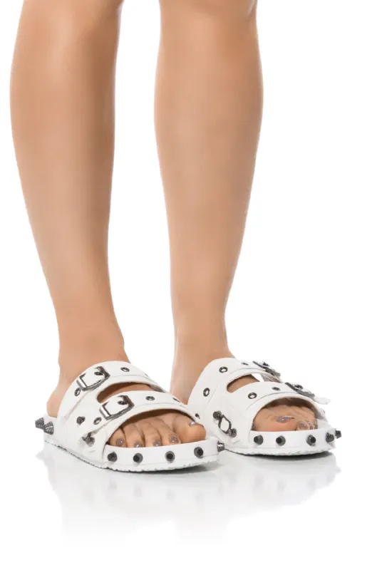 COMBOO EMBELLISHED FLAT SANDAL WHITE sold by AKIRA