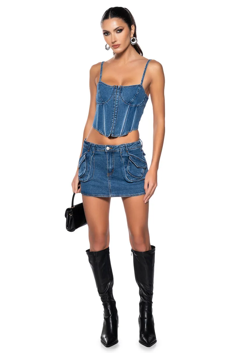 ON THE MOVE DENIM MINI SKIRT sold by AKIRA product image thumbnail 3