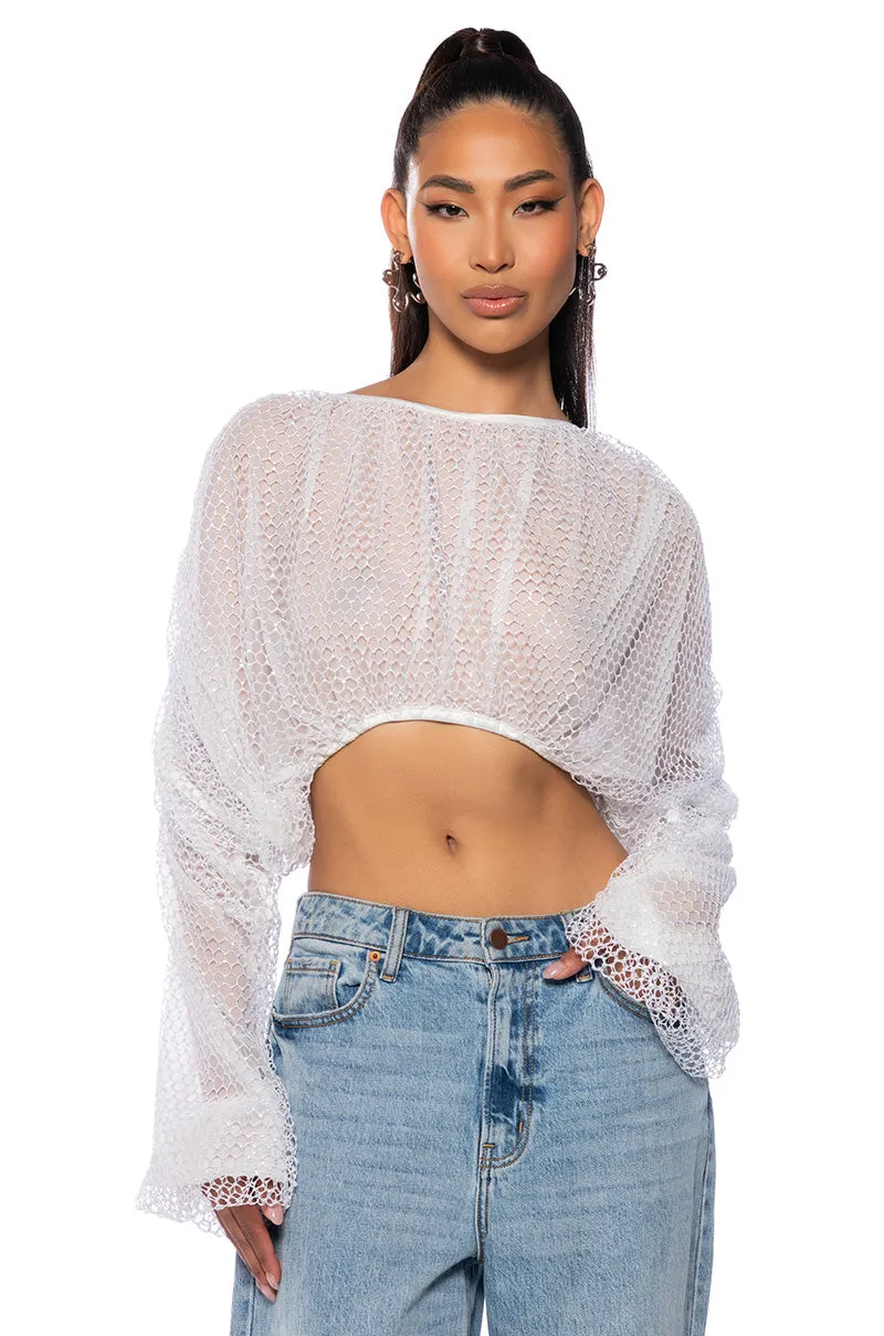 BELLE LONG SLEEVE SEQUIN MESH BLOUSE IN WHITE sold by AKIRA