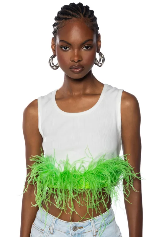 QUEEN OF EVERYTHING FEATHER DETAIL TANK TOP sold by AKIRA