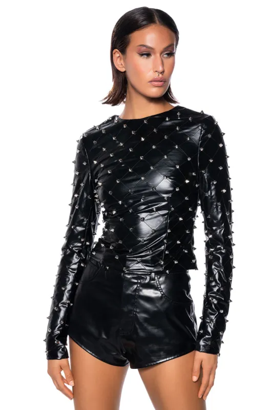 HBIC QUILTED FAUX LEATHER SPIKE DETAIL LONG SLEEVE TOP sold by AKIRA