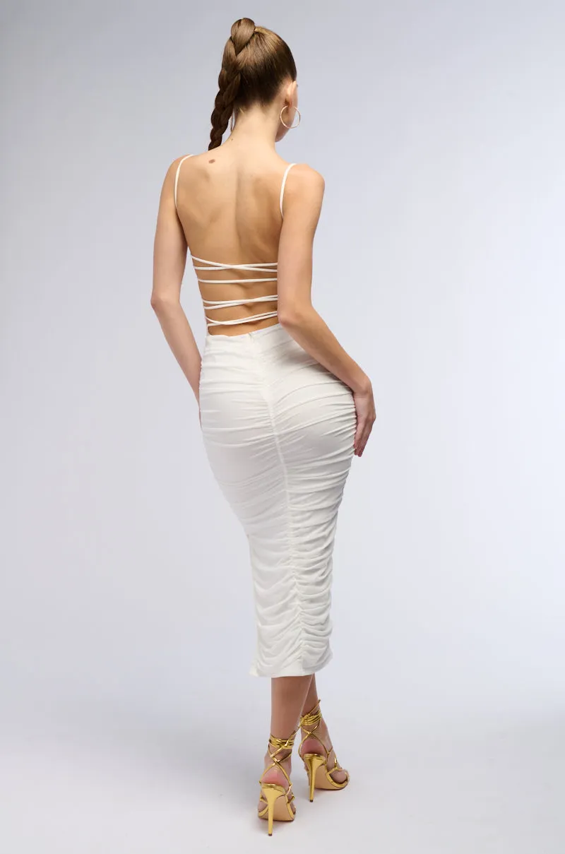 SAMANTHA STRAPPY BACK RUCHED MIDI DRESS sold by AKIRA product image thumbnail 4