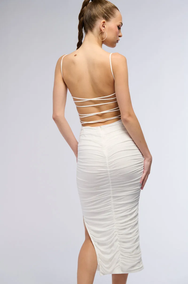 SAMANTHA STRAPPY BACK RUCHED MIDI DRESS sold by AKIRA product image thumbnail 5