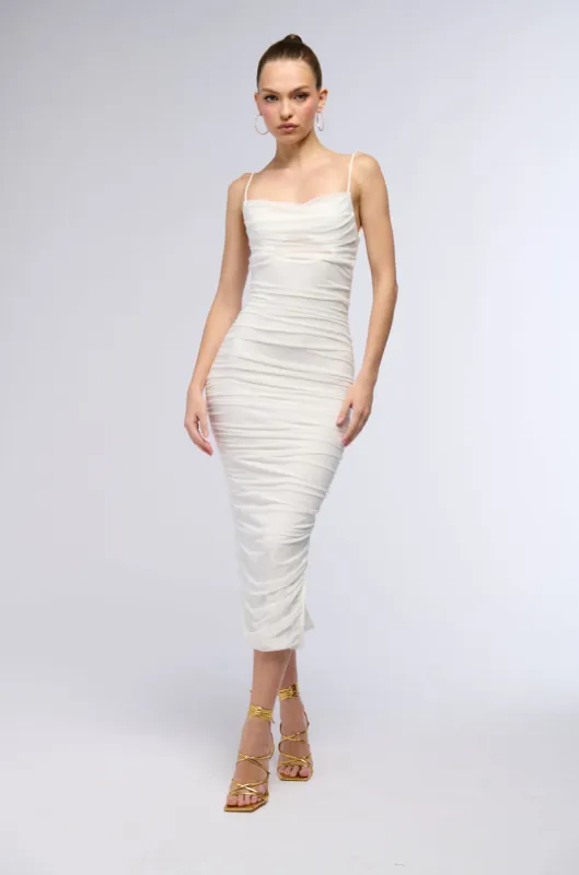 SAMANTHA STRAPPY BACK RUCHED MIDI DRESS sold by AKIRA