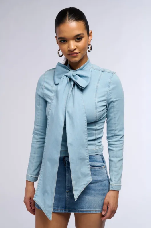 BOW DOWN BISH DENIM LONG SLEEVE TOP sold by AKIRA
