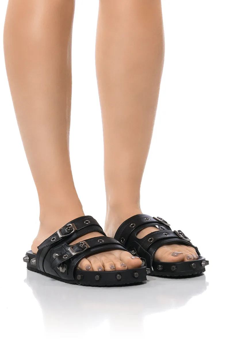 COMBOO EMBELLISHED FLAT SANDAL BLACK sold by AKIRA