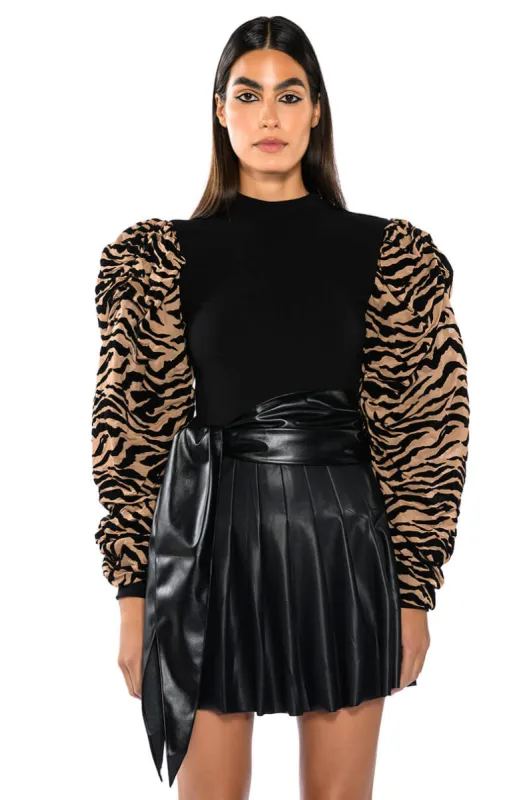 WILD SIDE CREW NECK FLOCKED RUFFLE SLEEVE TOP sold by AKIRA
