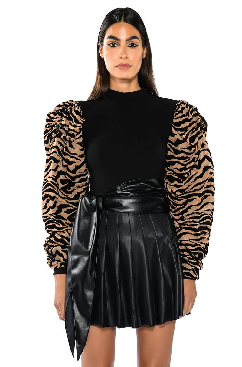 WILD SIDE CREW NECK FLOCKED RUFFLE SLEEVE TOP sold by AKIRA