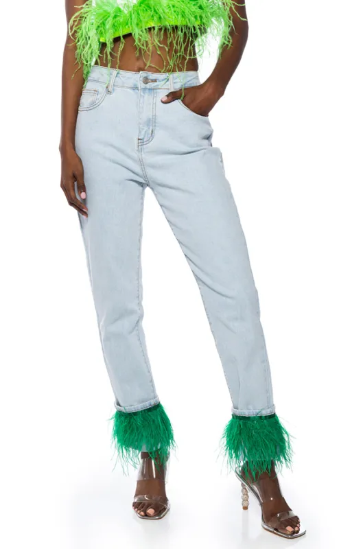 QUEEN OF EVERYTHING FEATHER DETAIL JEANS sold by AKIRA