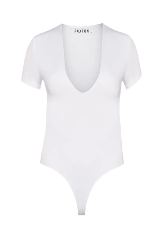 PAXTON BROOKE DEEP V SHORT SLEEVE BODYSUIT IN WHITE sold by AKIRA