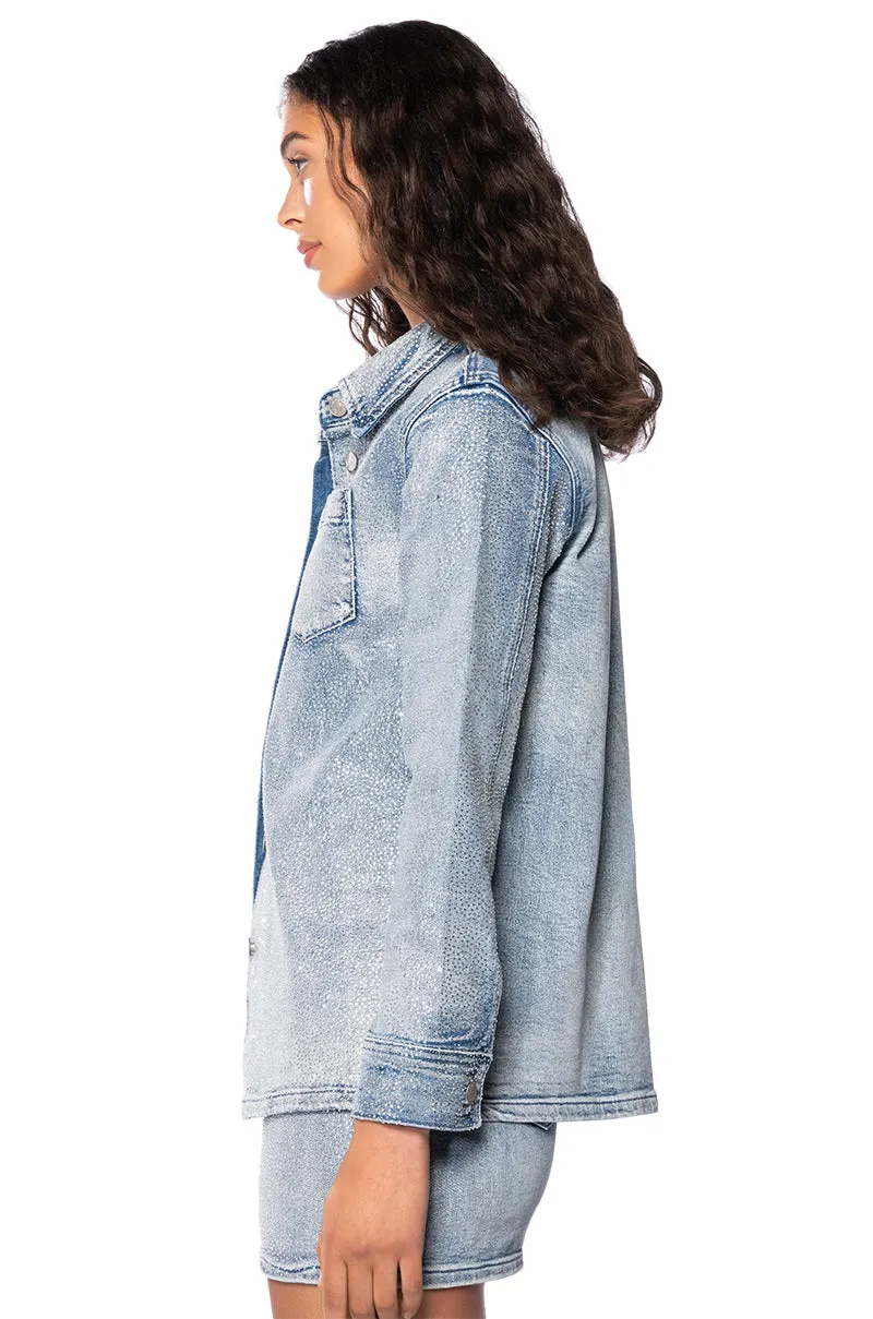 SHINE BRIGHT RHINESTONE EFFECT DENIM BUTTON DOWN SHIRT sold by AKIRA product image thumbnail 5