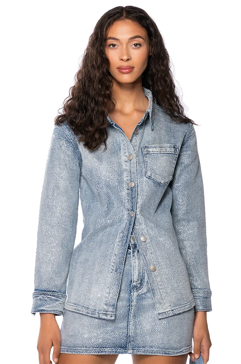 SHINE BRIGHT RHINESTONE EFFECT DENIM BUTTON DOWN SHIRT sold by AKIRA product image thumbnail 2