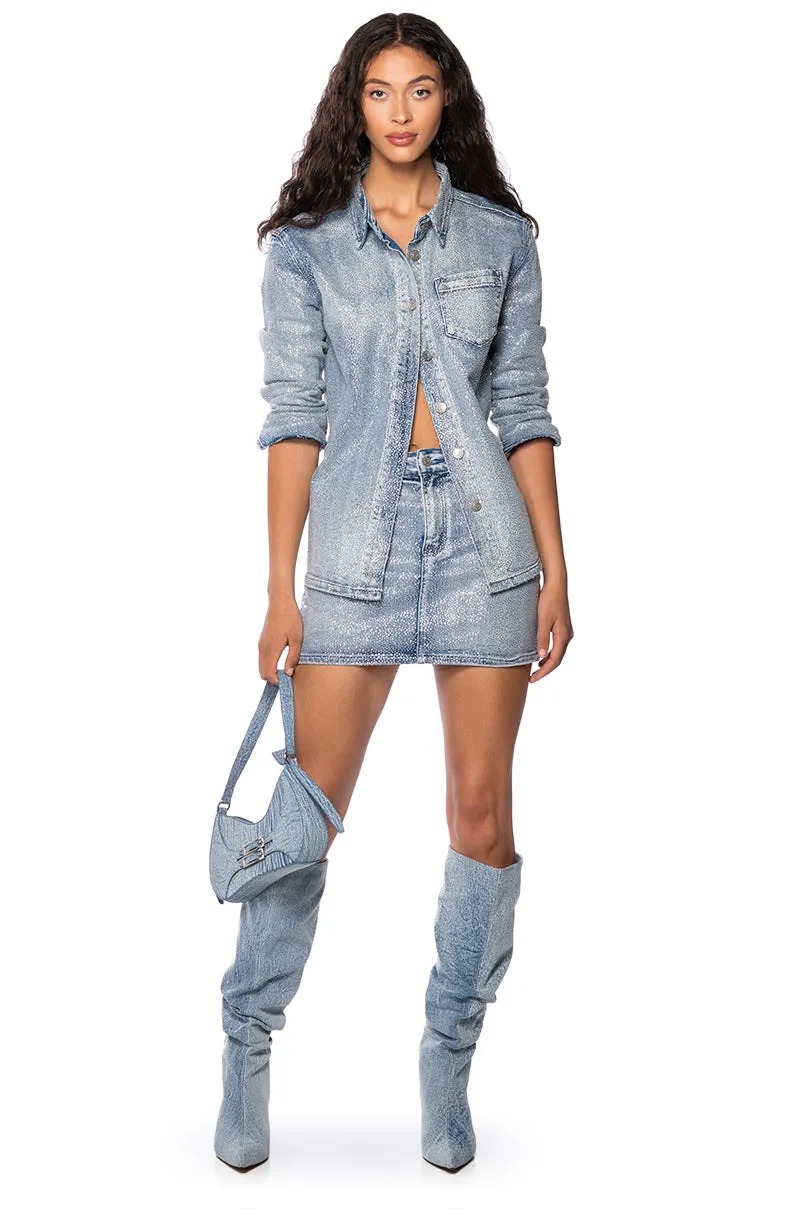 SHINE BRIGHT RHINESTONE EFFECT DENIM BUTTON DOWN SHIRT sold by AKIRA product image thumbnail 3