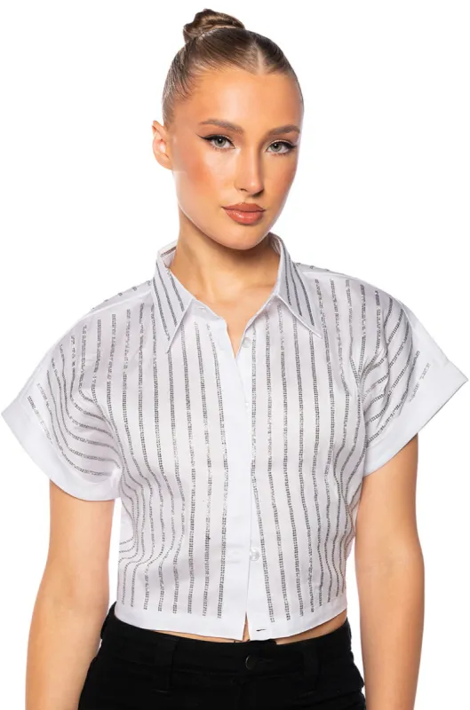 RHINESTONE STRIPE CROPPED BUTTON DOWN sold by AKIRA