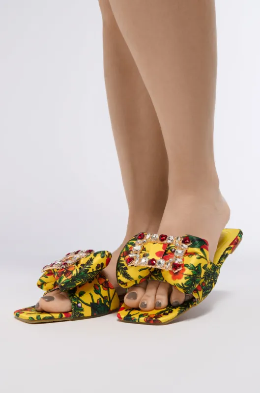 AZALEA WANG KESTRELL YELLOW FLORAL RHINESTONE BUCKLE SANDAL sold by AKIRA