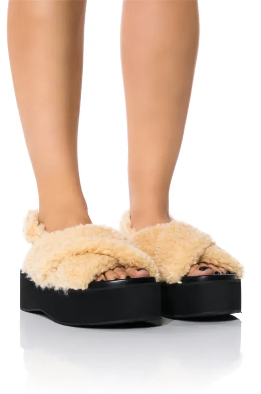 AZALEA WANG HANNAH FUR FLATFORM SANDAL IN NUDE sold by AKIRA