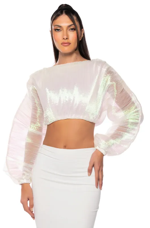 ANASTASIA IRIDESCENT CROPPED LONG SLEEVE TOP sold by AKIRA