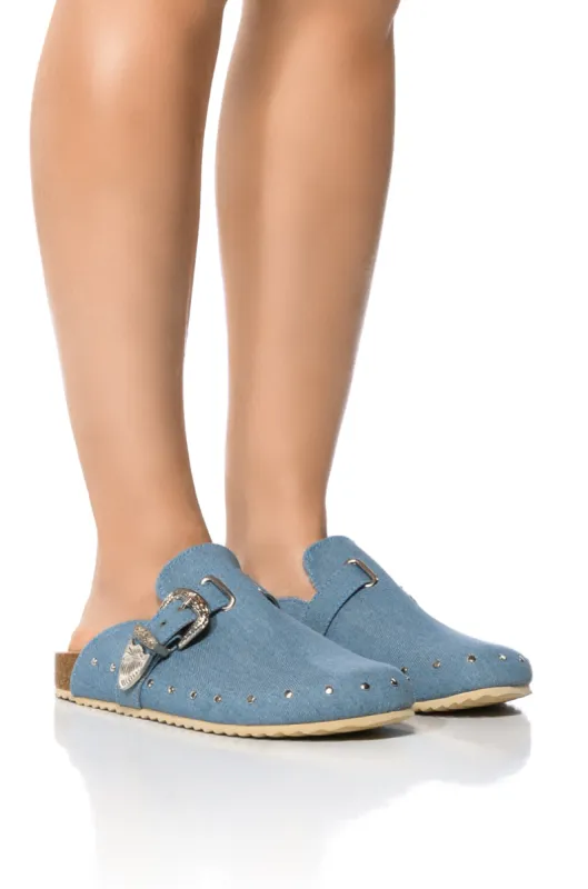 AZALEA WANG MOHSIN DENIM FLAT CLOG sold by AKIRA