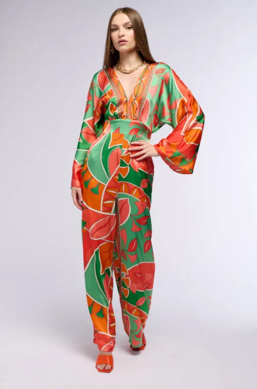 PRINCESS ORANGE PRINTED WIDE LEG JUMPSUIT sold by AKIRA