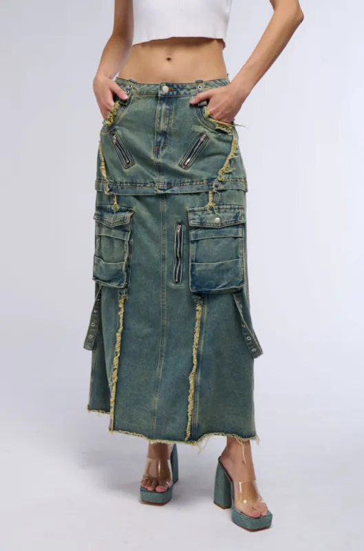 SAY IT AGAIN DISTRESSED MAXI DENIM SKIRT sold by AKIRA