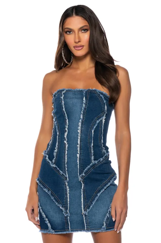 DENIM DIVA COLOR BLOCKED MINI DRESS sold by AKIRA