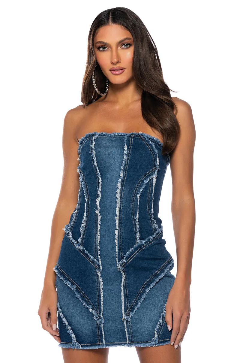 DENIM DIVA COLOR BLOCKED MINI DRESS sold by AKIRA