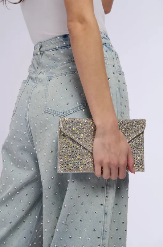 PEONY SILVER RHINESTONE EMBELLISHED CLUTCH sold by AKIRA