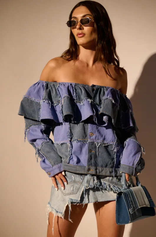 OFF SHOULDER PATCHWORK DENIM JACKET sold by AKIRA