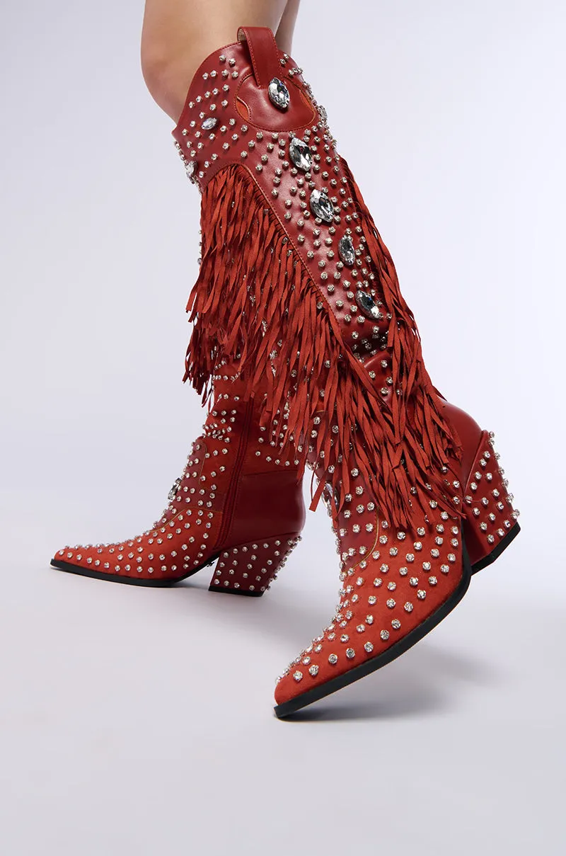 AZALEA WANG TADAO RED EMBELLISHED WESTERN BOOT sold by AKIRA