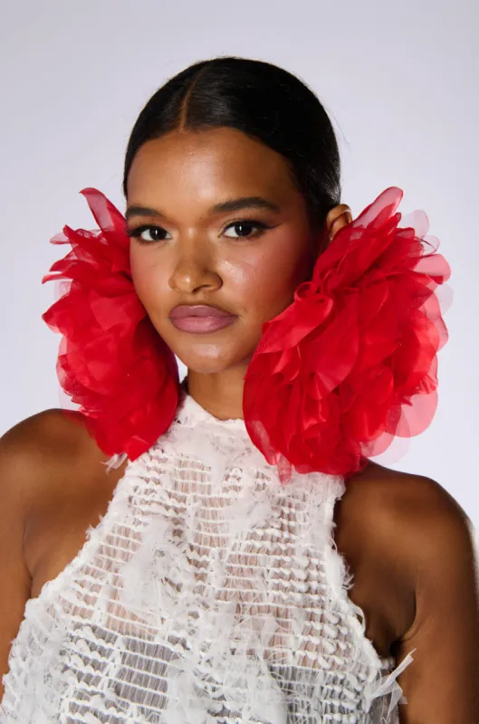 LOVE YOU STATEMENT FLOWER STUD EARRING IN RED made by AKIRA