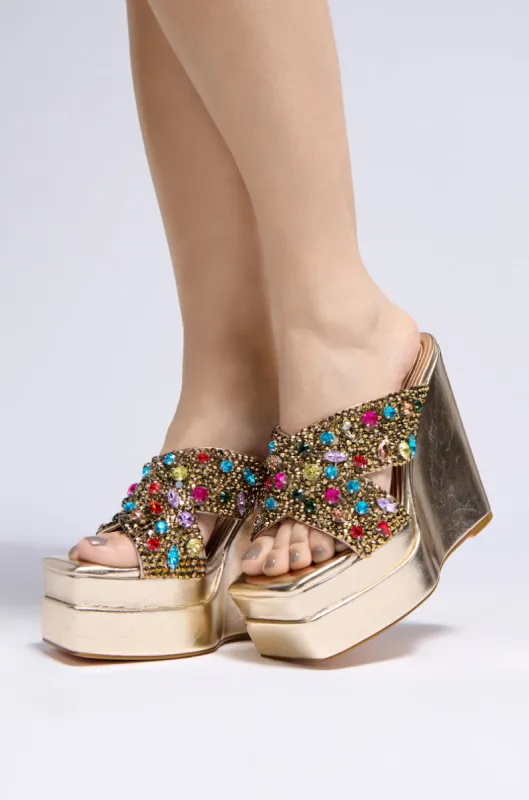 AZALEA WANG CHEERY GOLD EMBELLISHED WEDGE SANDAL sold by AKIRA