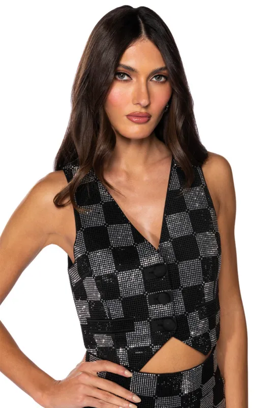 POP STAR CHECKERED RHINESTONE VEST sold by AKIRA