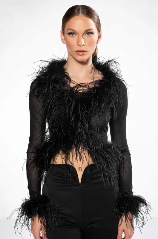 DARK ANGEL MESH FEATHER TRIM TOP sold by AKIRA