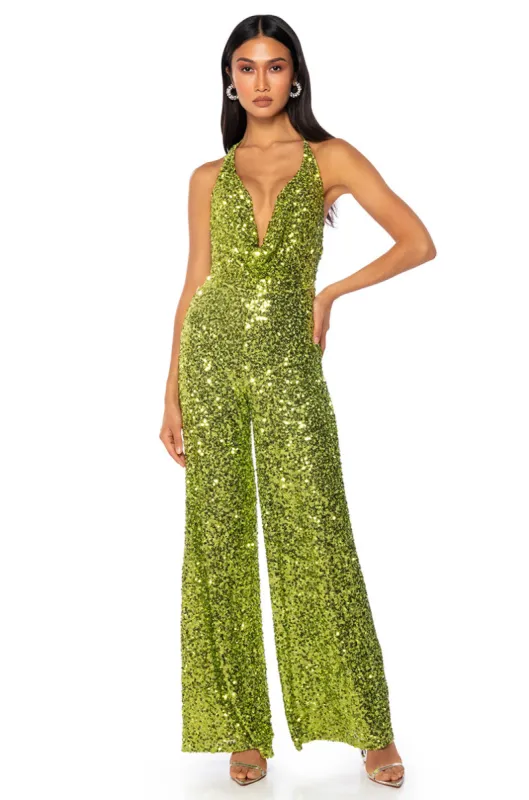 JODIE SCOOP NECK SEQUIN JUMPSUIT sold by AKIRA
