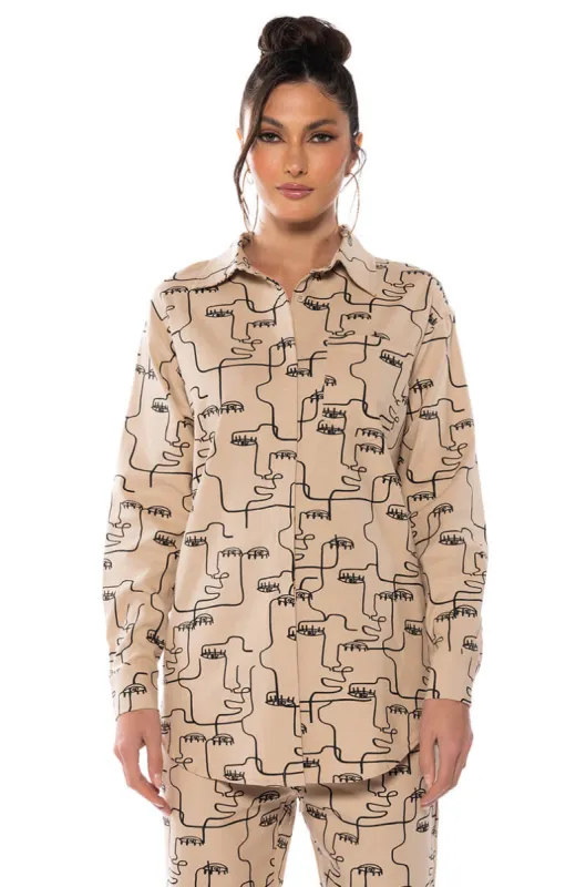 NEW SOCIETY PRINTED BUTTON DOWN TOP sold by AKIRA