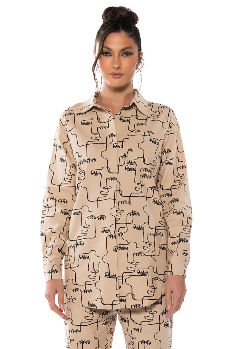 NEW SOCIETY PRINTED BUTTON DOWN TOP sold by AKIRA