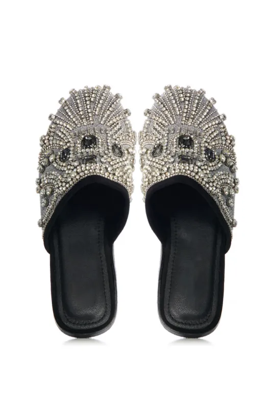 GLAMISIS BLACK EMBELLISHED SLIPPER sold by AKIRA