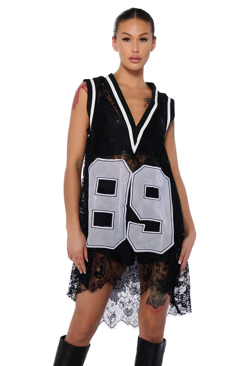 ON THE SIDELINES LACE JERSEY MINI DRESS sold by AKIRA