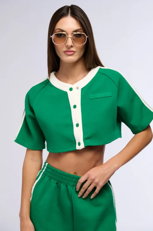 ON POINT BUTTON DOWN CROP TOP IN GREEN sold by AKIRA