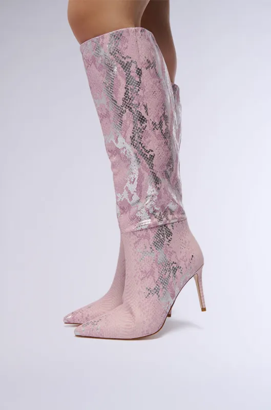 AZALEA WANG CASHY SNAKE EMBOSSED PINK STILETTO BOOT sold by AKIRA