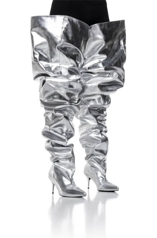 AZALEA WANG NEMY SILVER KITTEN HEEL THIGH HIGH BOOT sold by AKIRA