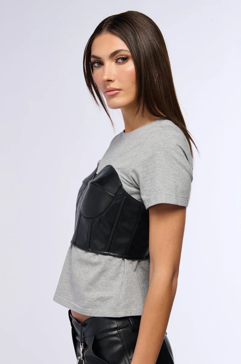 GOT ME TWISTED T SHIRT WITH FAUX LEATHER CORSET DETAIL sold by AKIRA product image thumbnail 4