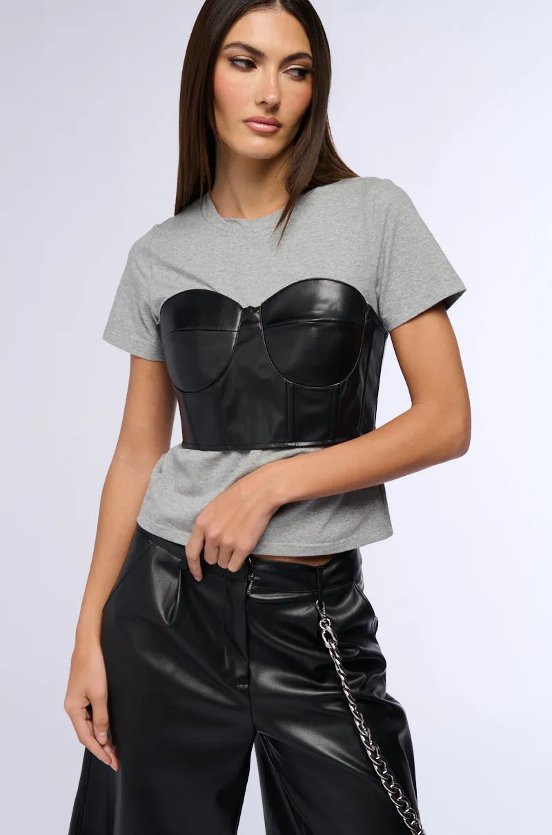 GOT ME TWISTED T SHIRT WITH FAUX LEATHER CORSET DETAIL sold by AKIRA product image thumbnail 2