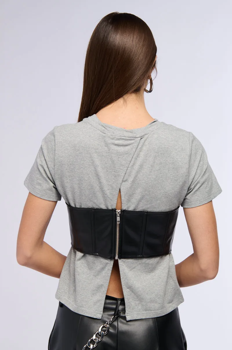 GOT ME TWISTED T SHIRT WITH FAUX LEATHER CORSET DETAIL sold by AKIRA product image thumbnail 5