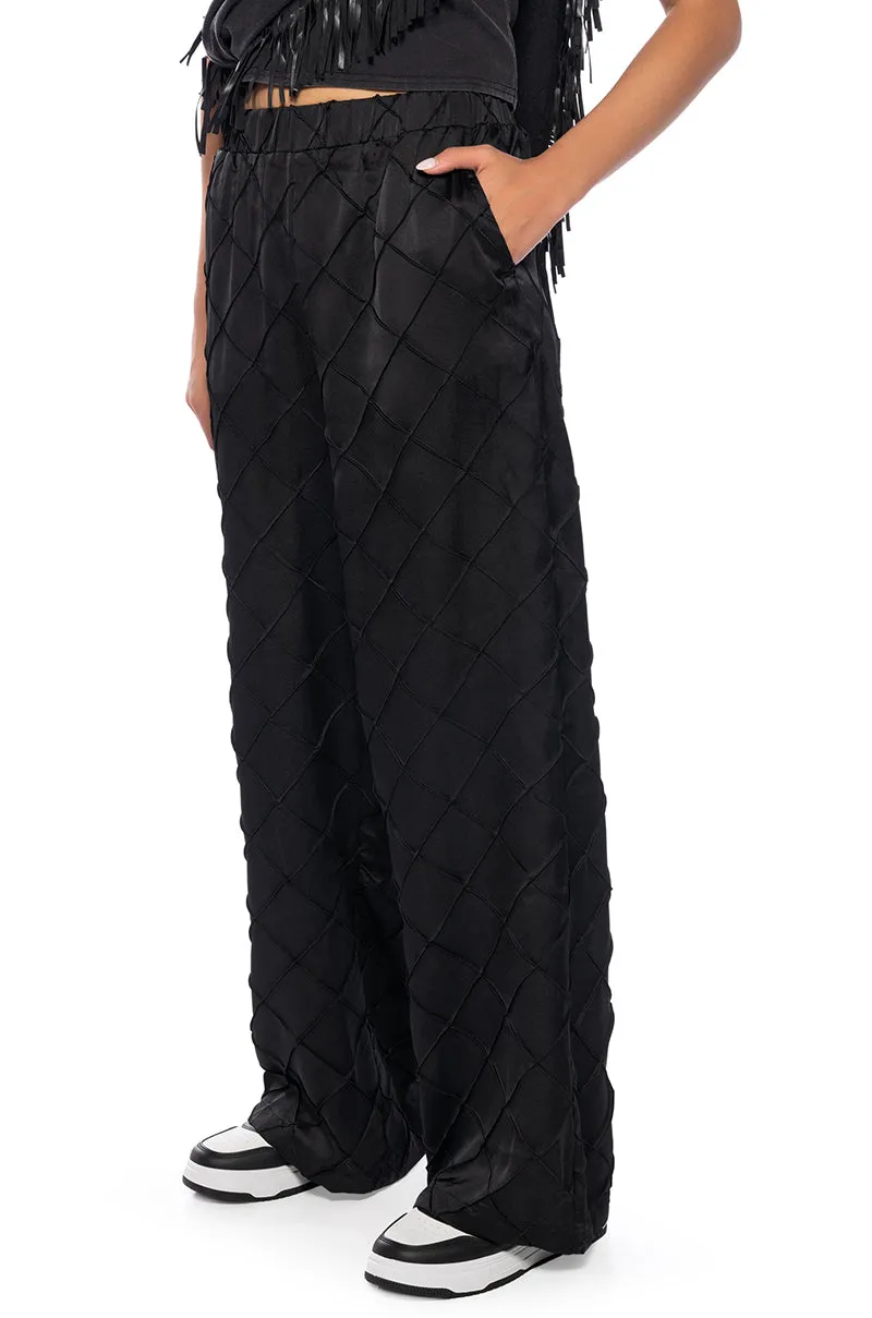 TEXTURED SATIN WIDE LEG TROUSER IN BLACK sold by AKIRA