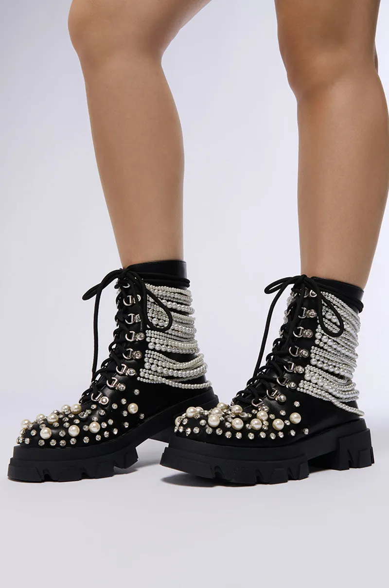 AZALEA WANG TWINKLEY BLACK PEARL EMBELLISHED COMBAT BOOTIE sold by AKIRA